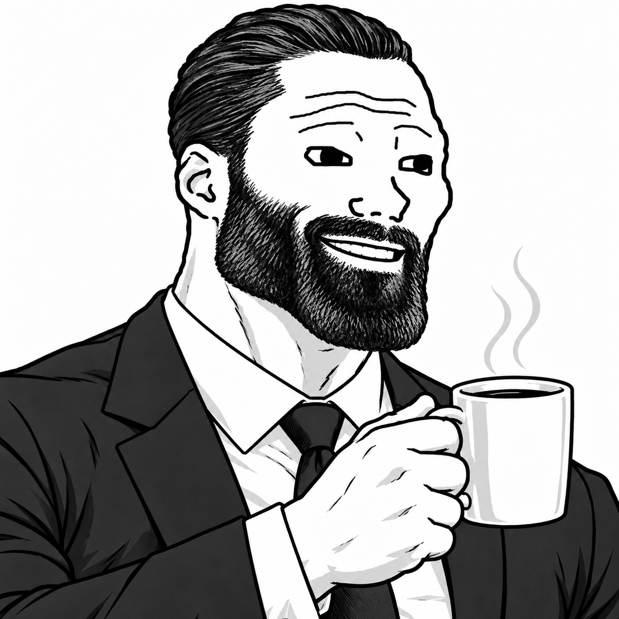 GIGAWOJAK in a suit with coffee